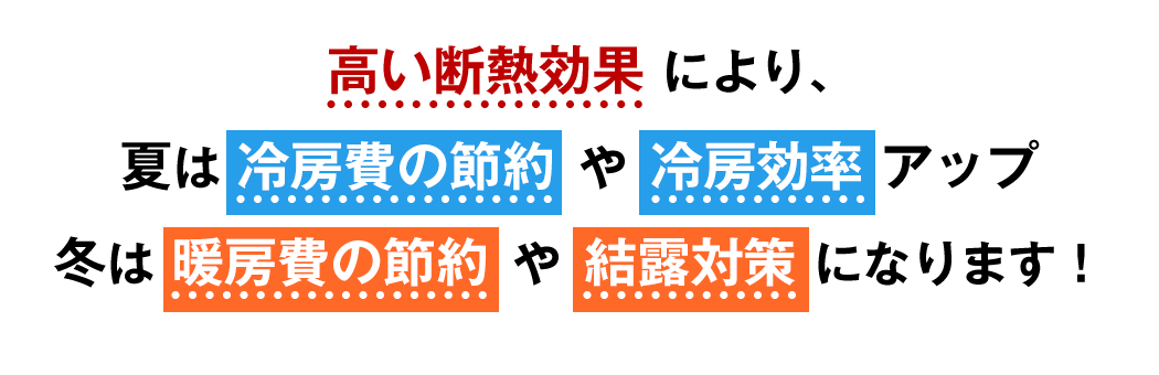 高い断熱効果により、夏は冷房費の節約や冷房効率アップ、冬は暖房費の節約や結露対策になります！