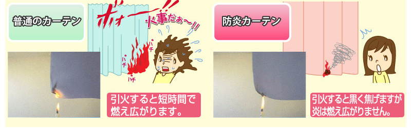 普通のカーテンと防炎カーテン